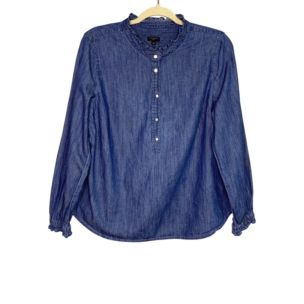 Talbots Petite Blue Chambray Ruffle Neck Button Up Shirt Long Sleeve Women's LP
